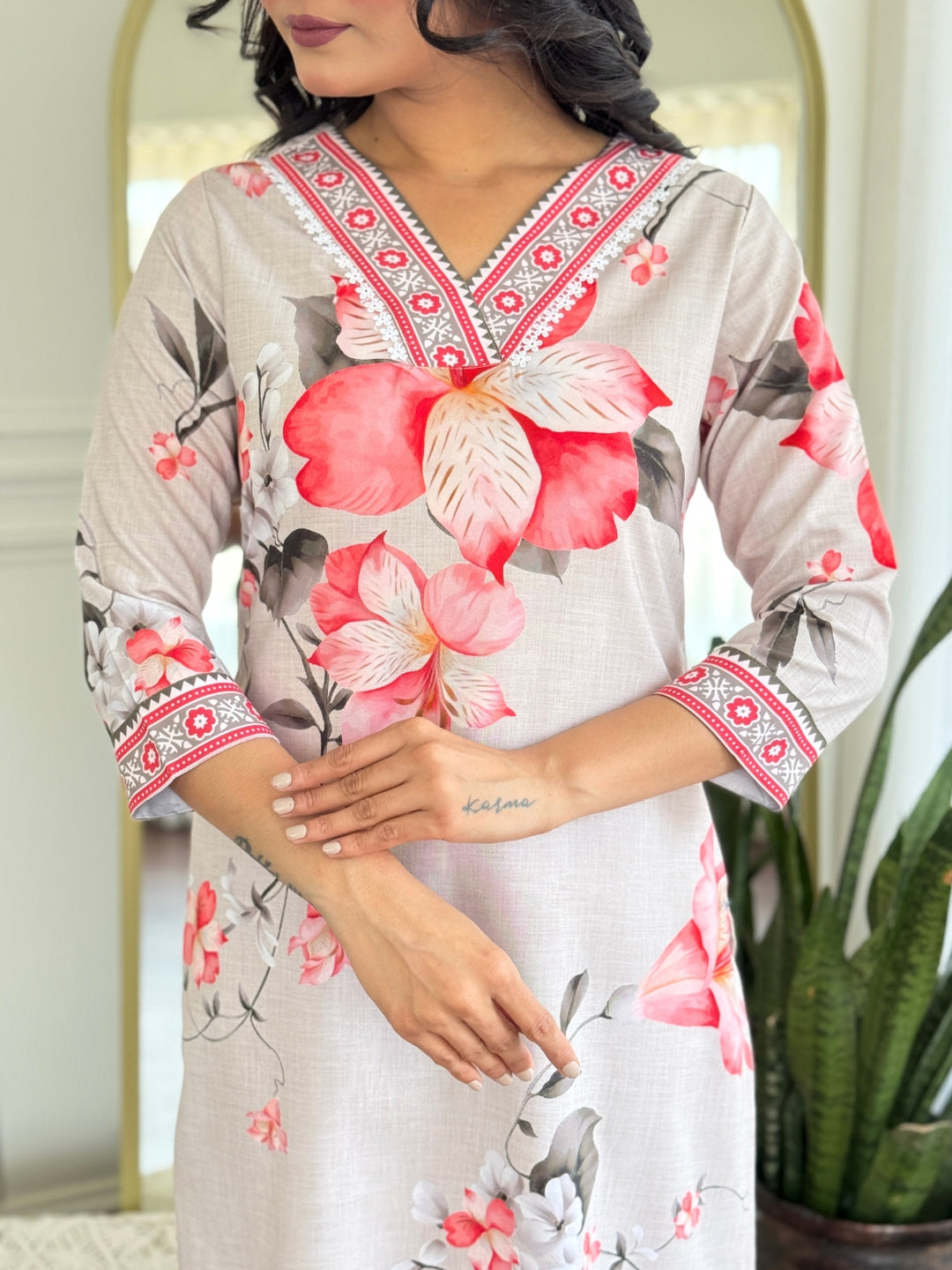 White Floral Printed Cotton Kurta Pant Set
