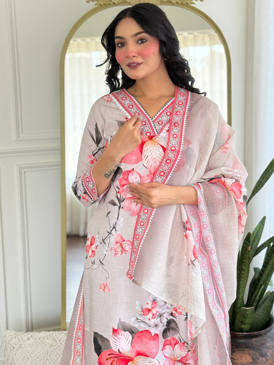 White Floral Printed Cotton Kurta Pant Set