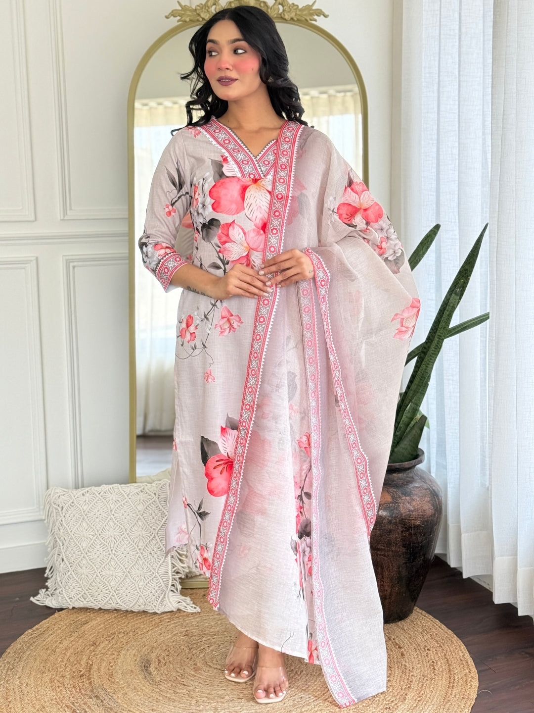White Floral Printed Cotton Kurta Pant Set