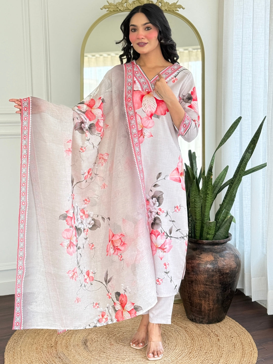 White Floral Printed Cotton Kurta Pant Set