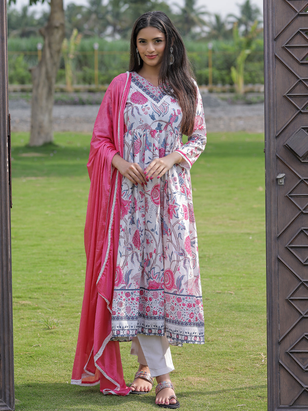 Cream Floral Printed Nyra Cut Anarkali Set
