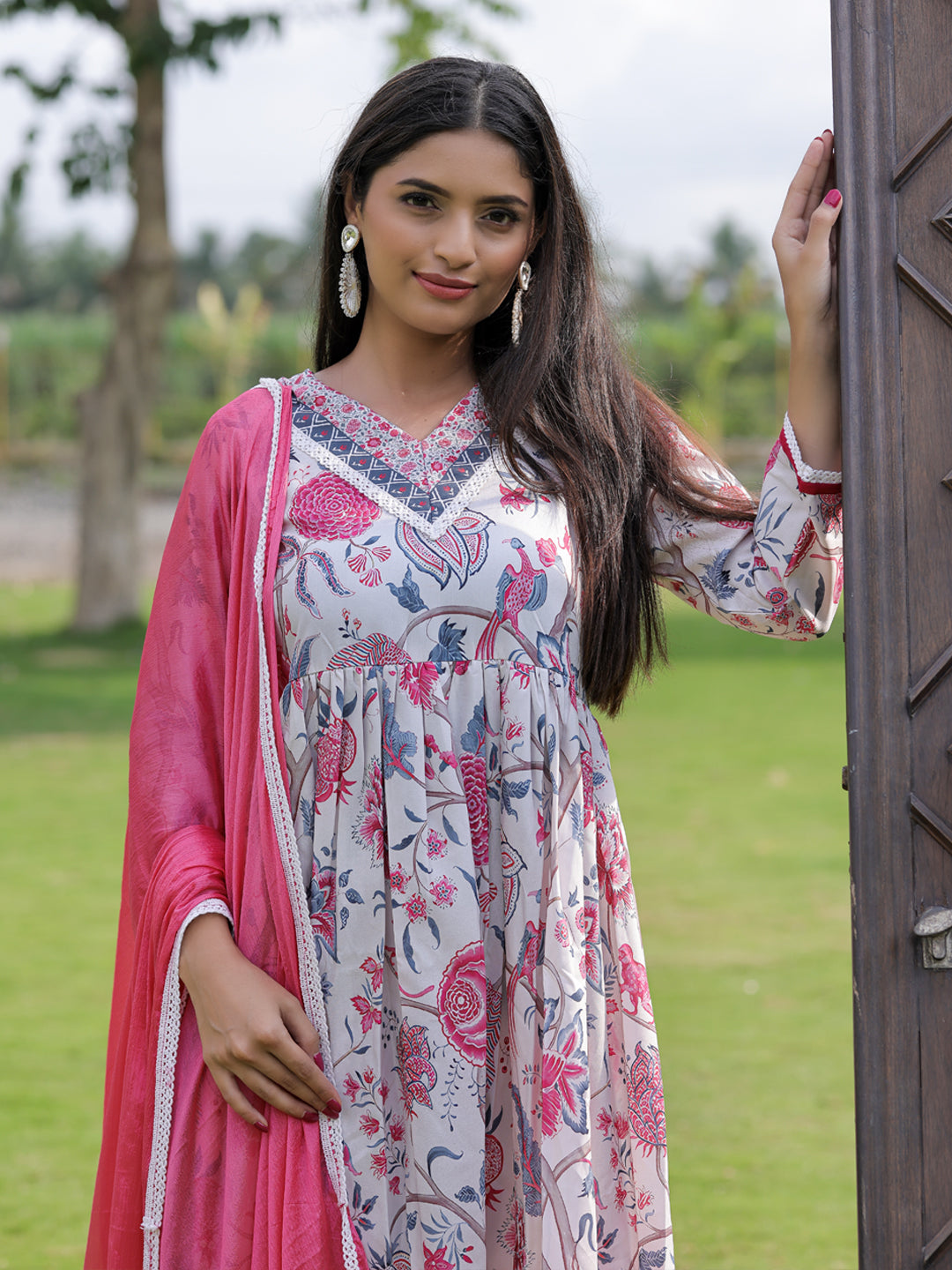 Cream Floral Printed Nyra Cut Kurta Set