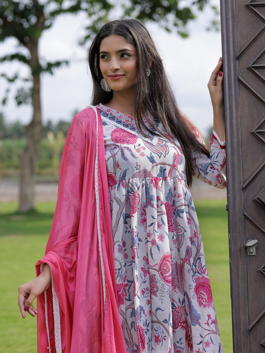 Cream Floral Printed Nyra Cut Kurta Set