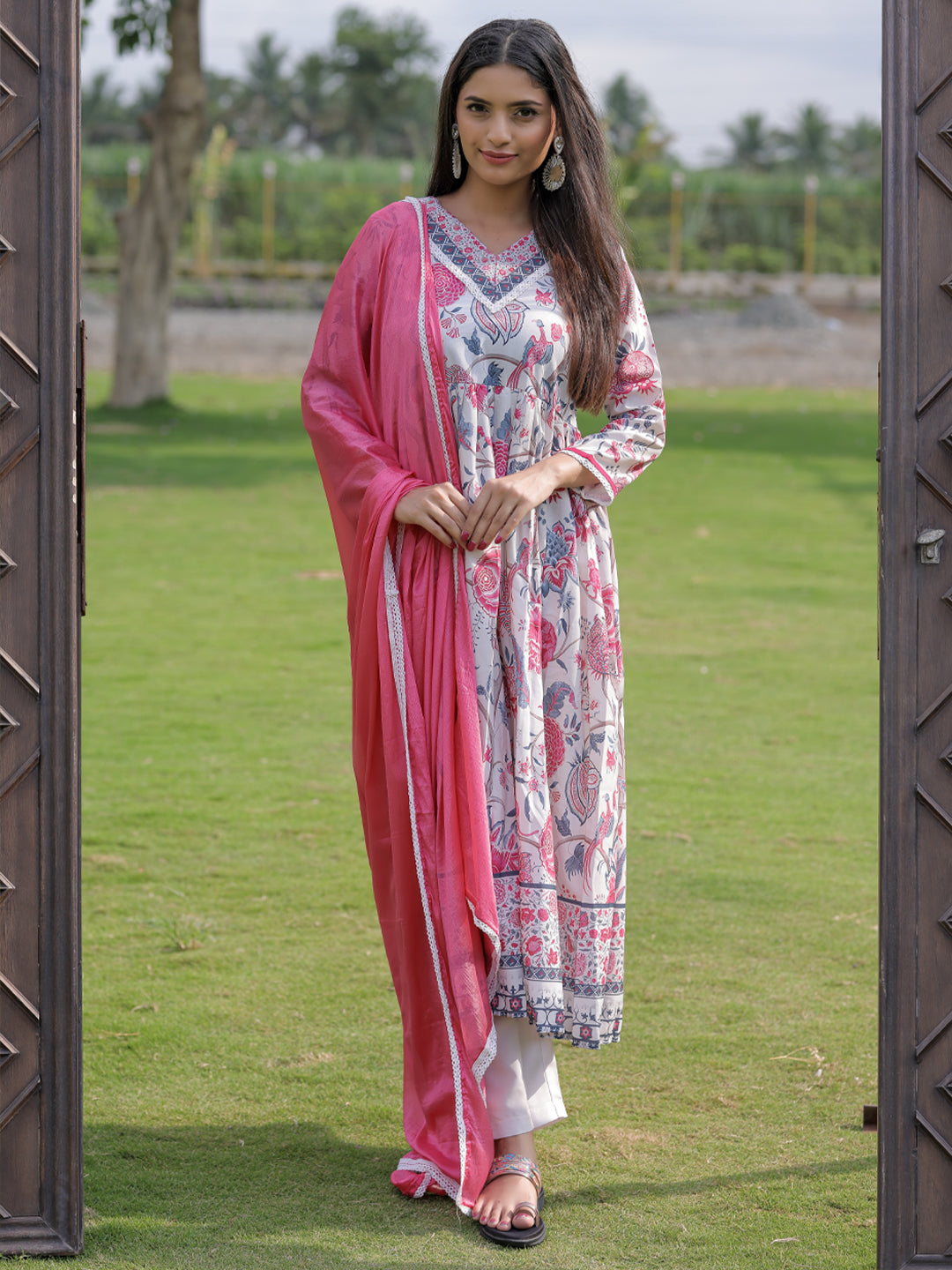 Cream Floral Printed Nyra Cut Kurta Set
