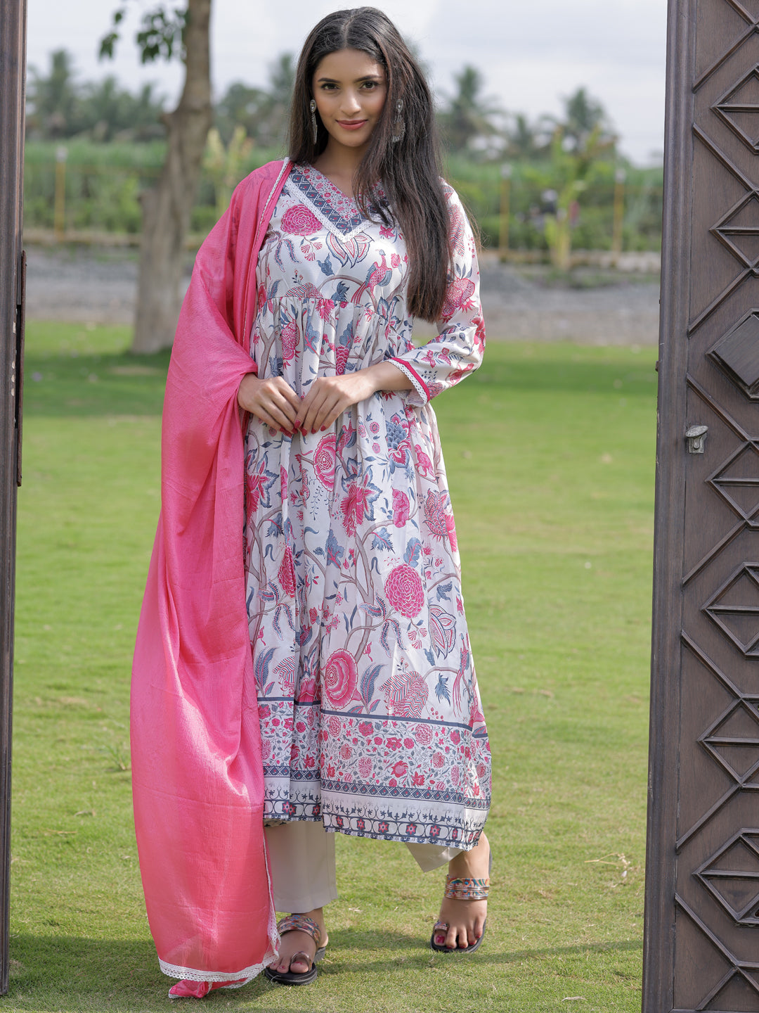 Cream Floral Printed Nyra Cut Kurta Set
