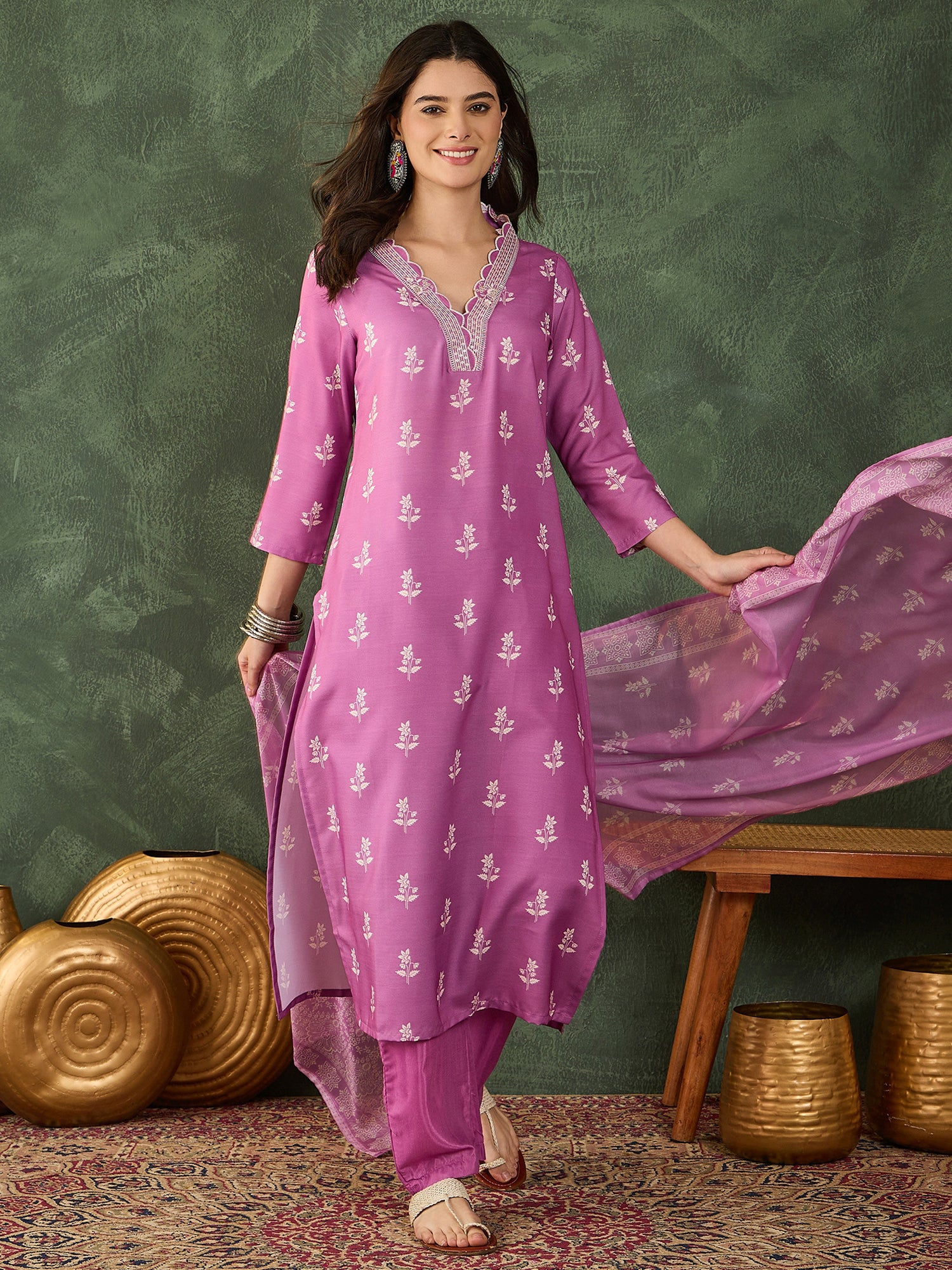Onion Pink Embroidered Kurta Pant Set