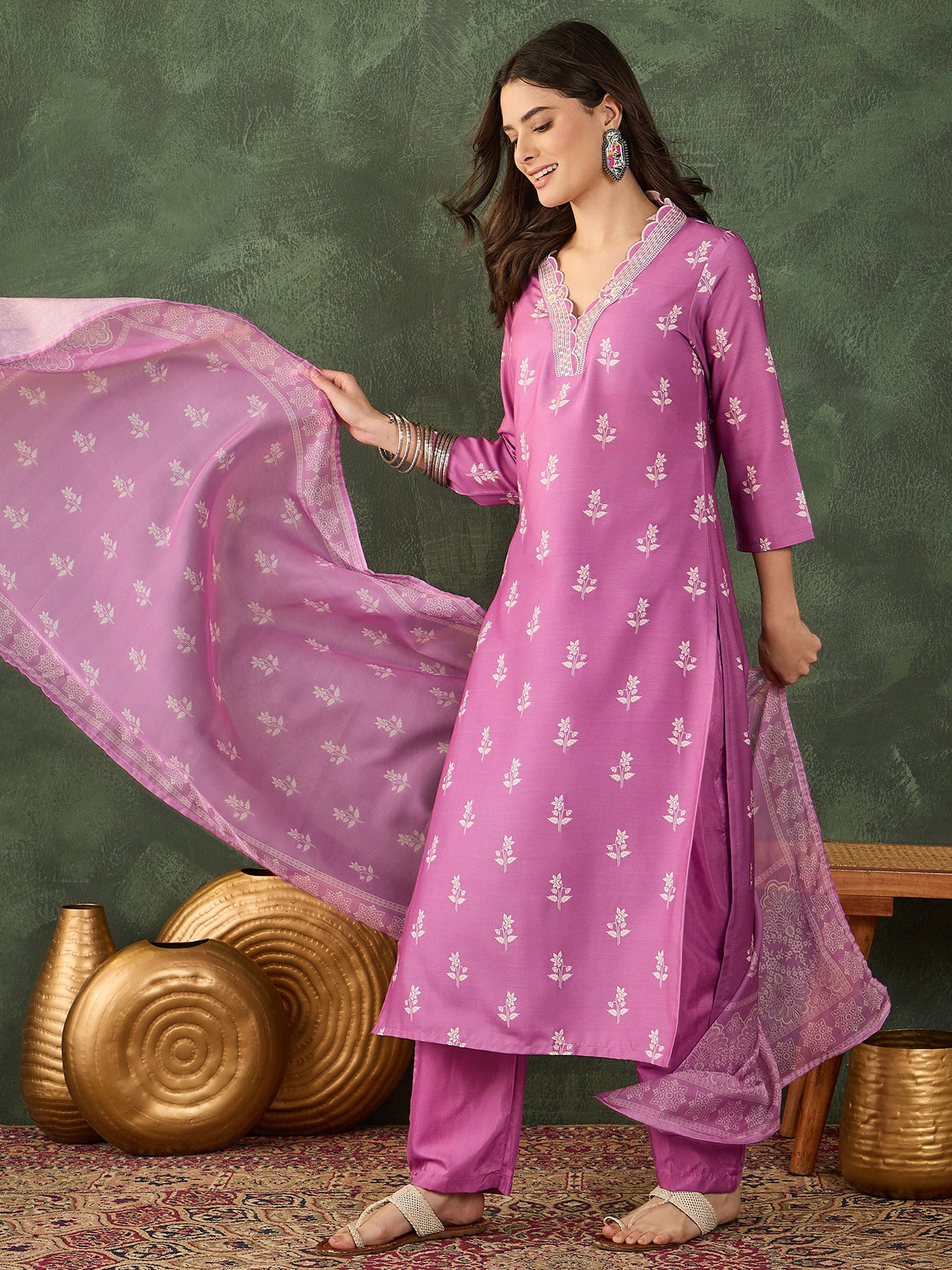 Onion Pink Embroidered Kurta Pant Set