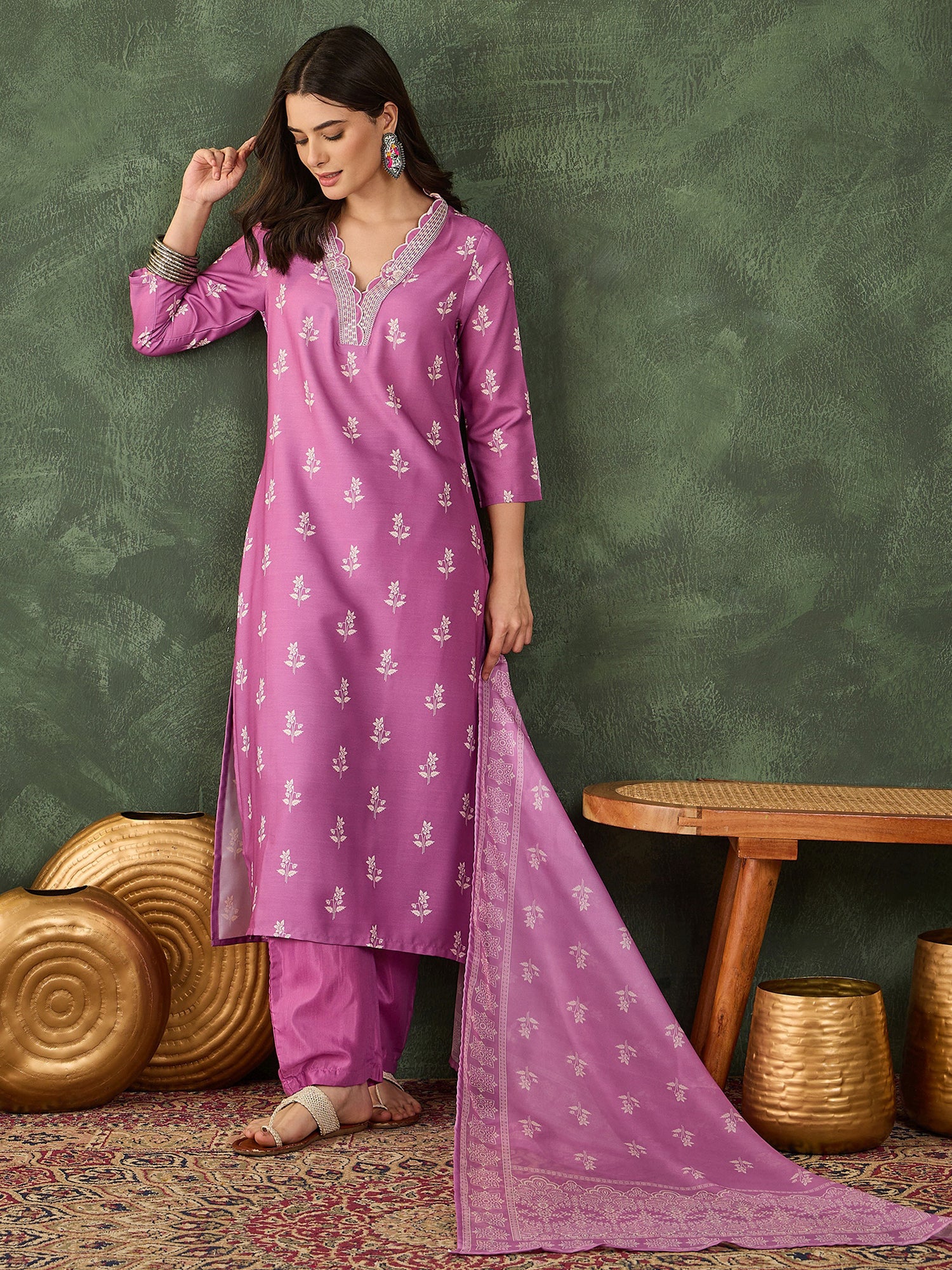 Onion Pink Embroidered Kurta Pant Set