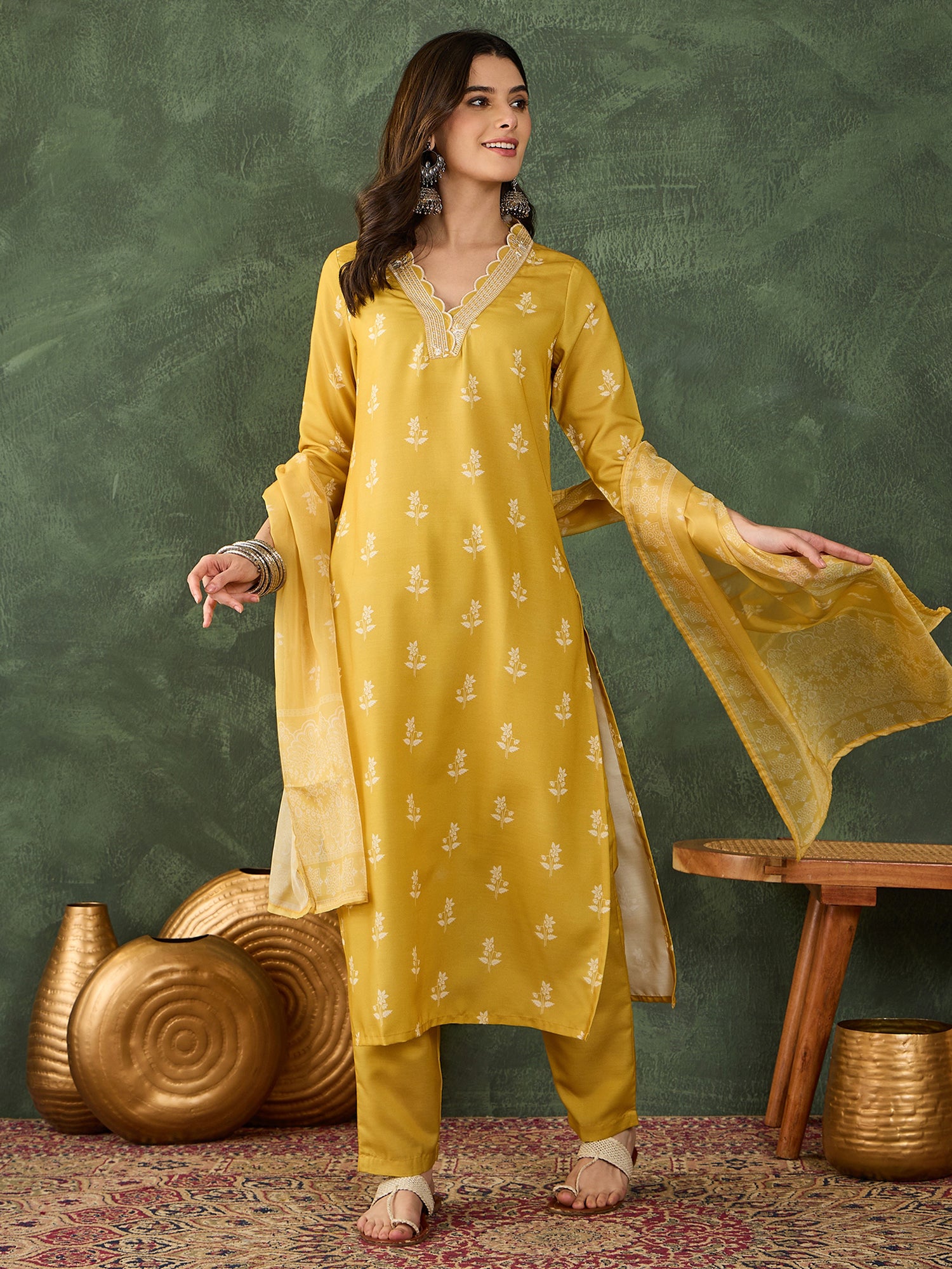 Yellow Bloom Embroidered Kurta Pant Set