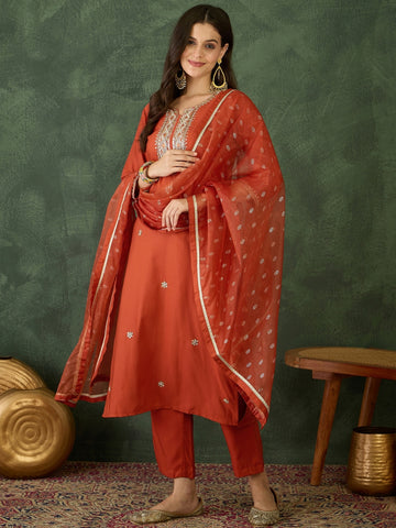 Rust Elegance Embroidered Kurta Pant
