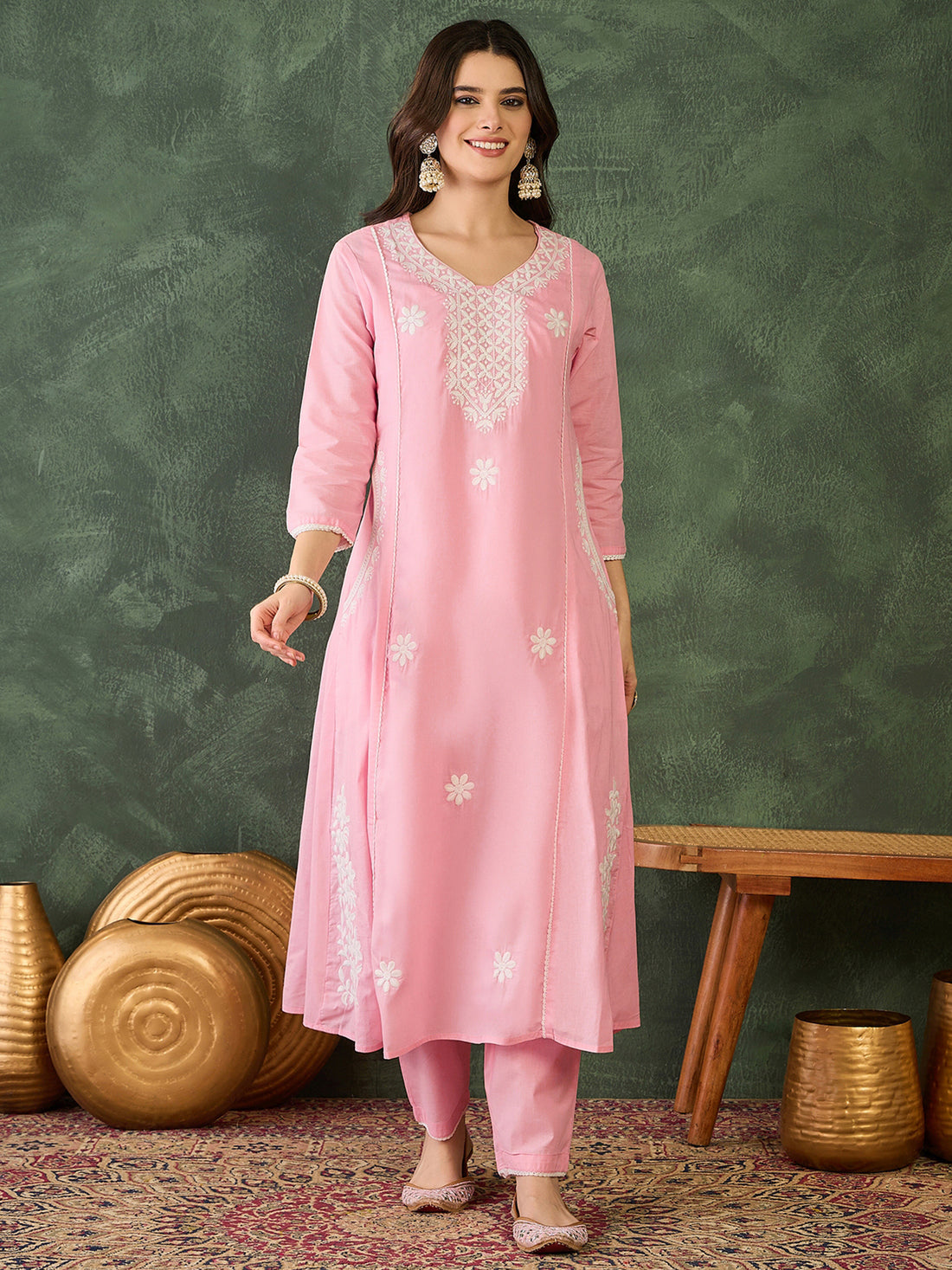 Gulnaar Blush Peach Embroidered  Cotton Kurta Pant