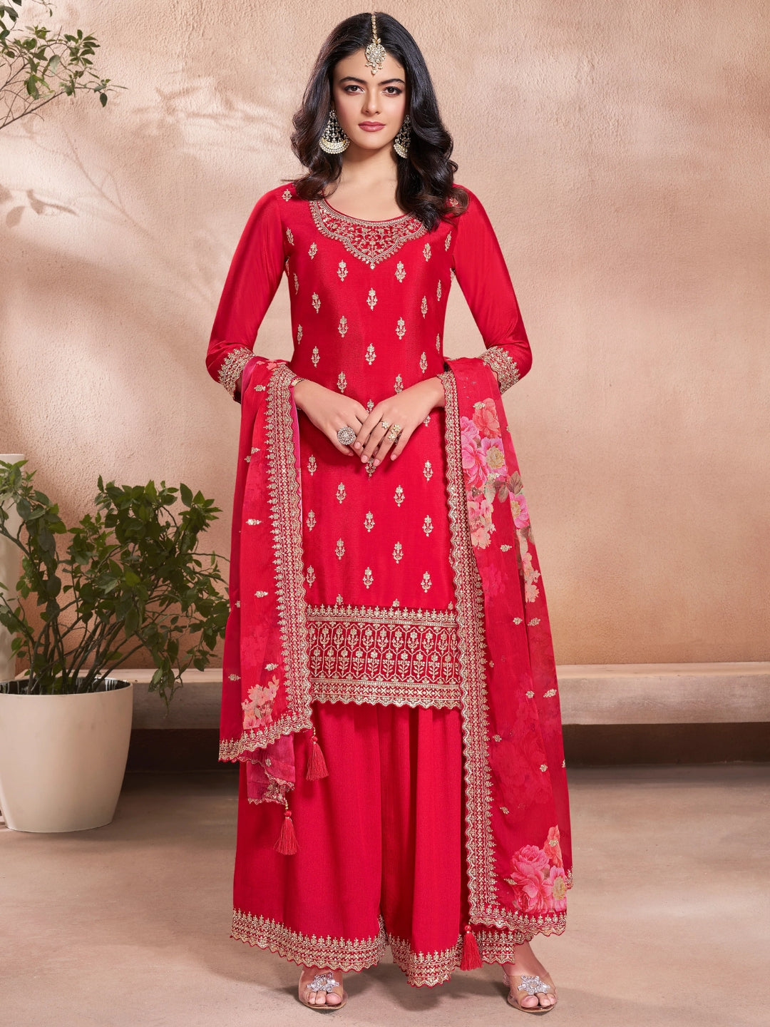 Red Embroidered Kurta Sharara Set