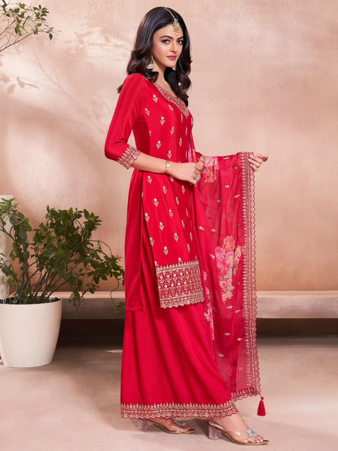 Red Embroidered Kurta Sharara Set