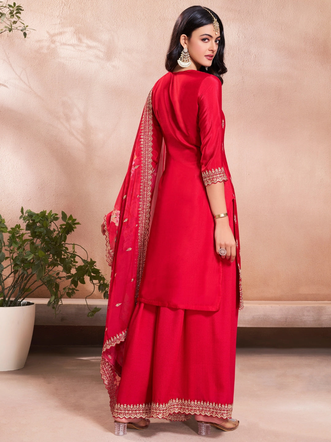 Red Embroidered Kurta Sharara Set