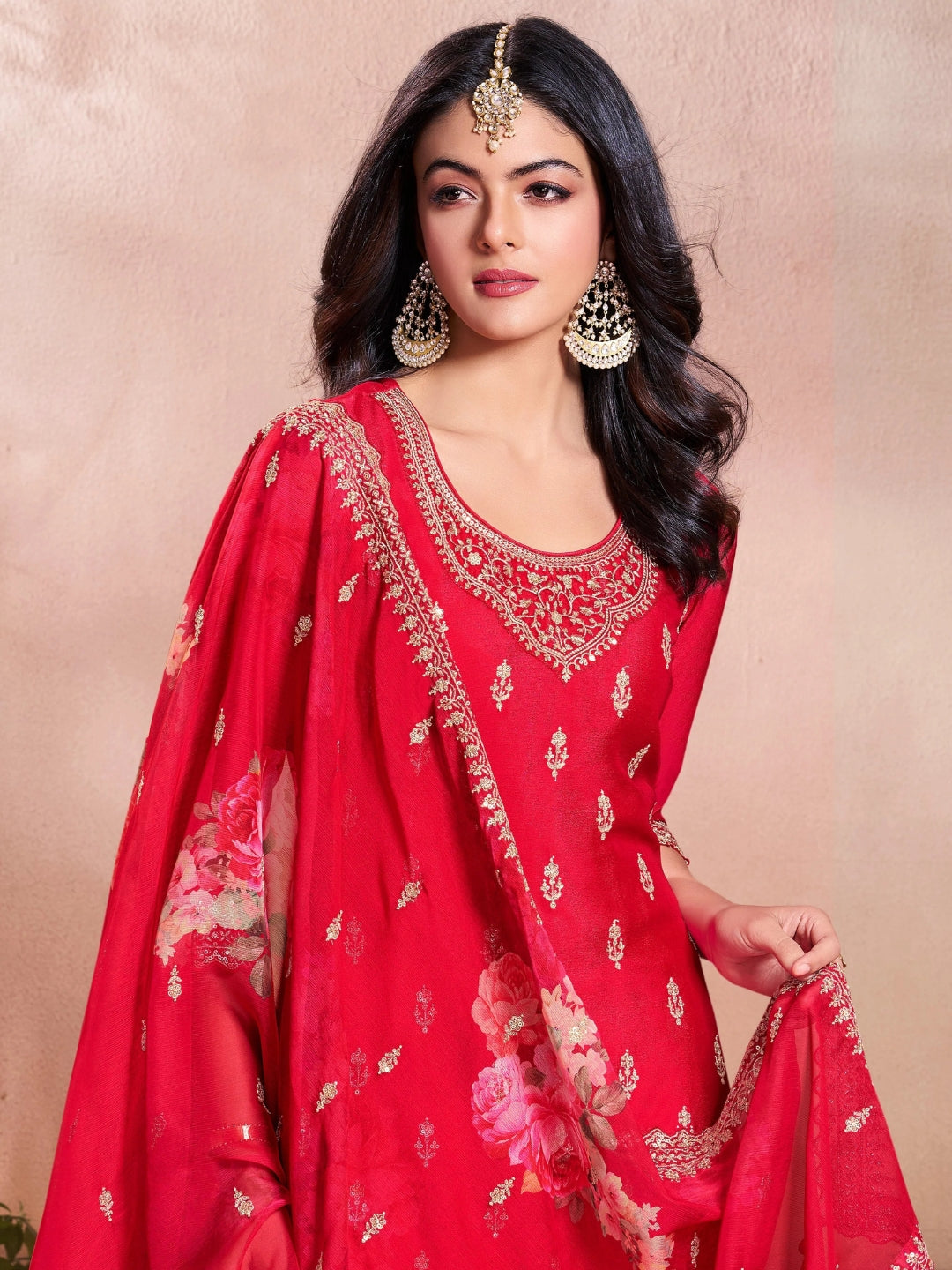 Red Embroidered Kurta Sharara Set
