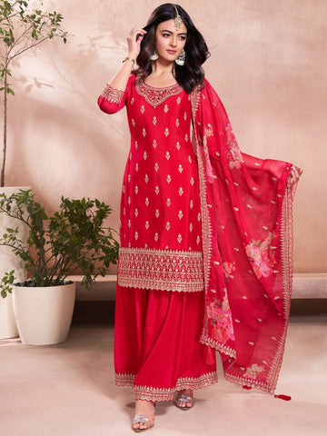 Red Embroidered Kurta Sharara Set
