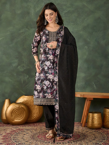 Black Floral Printed Kurta Pant Set