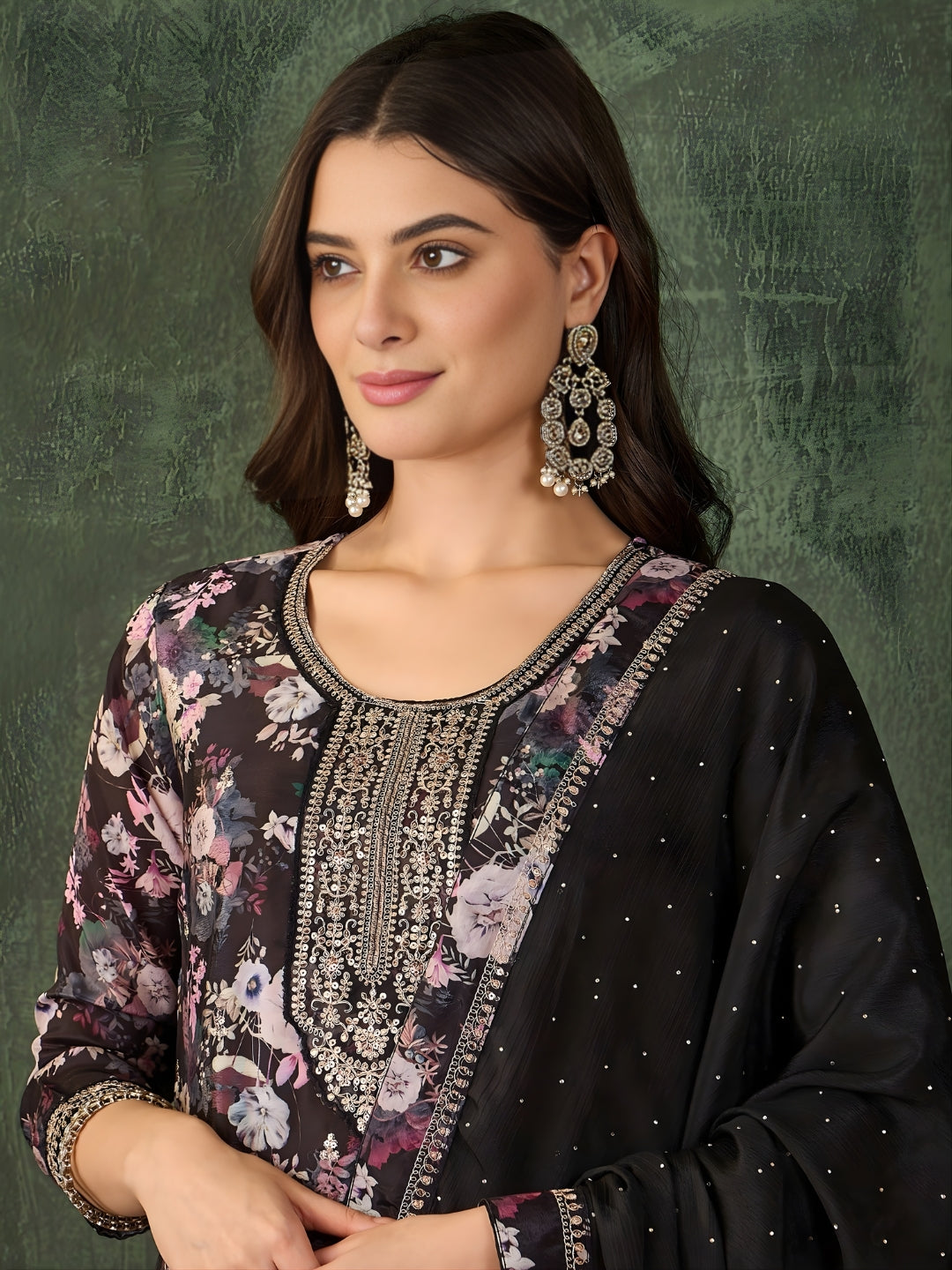 Black Floral Printed Kurta Pant Set