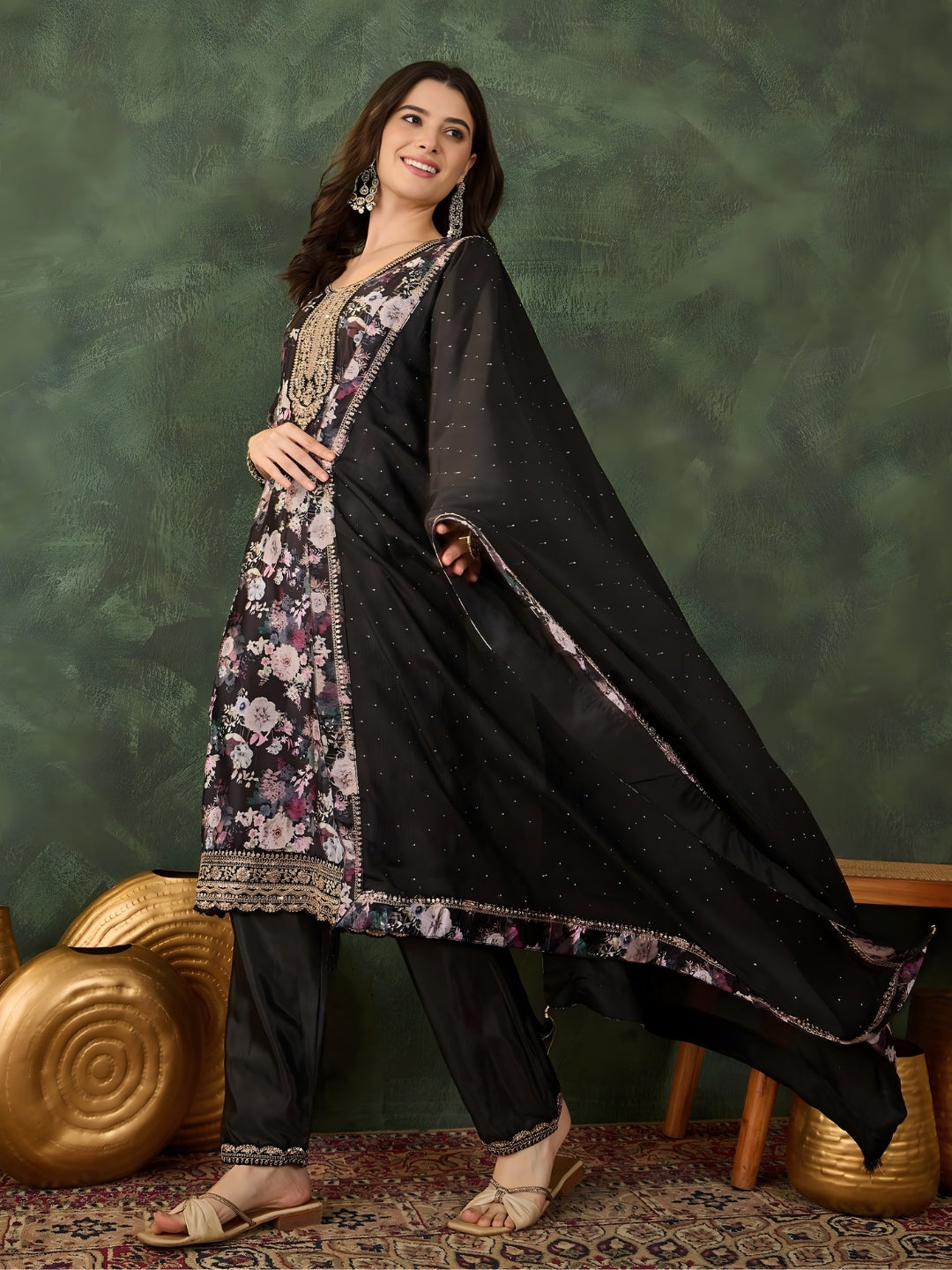 Black Floral Printed Kurta Pant Set
