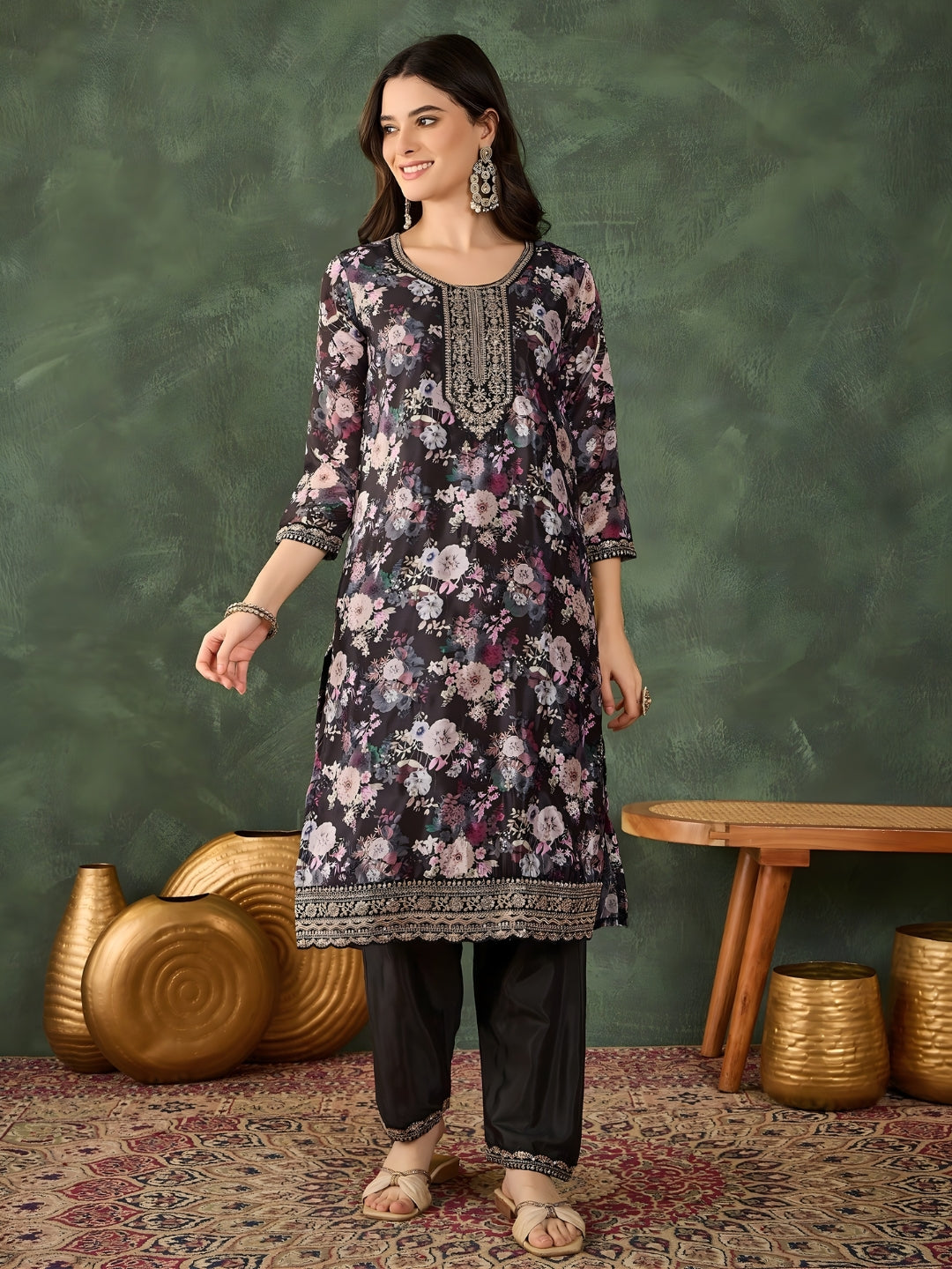 Black Floral Printed Kurta Pant Set