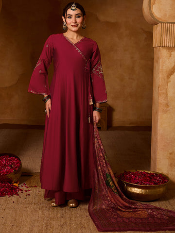 Maroon Silk Angrakha Flared Anarkali Kurta Set