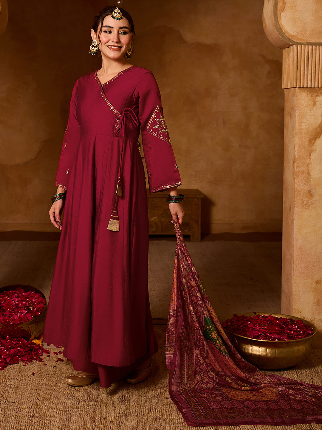 Maroon Silk Angrakha Flared Anarkali Kurta Set