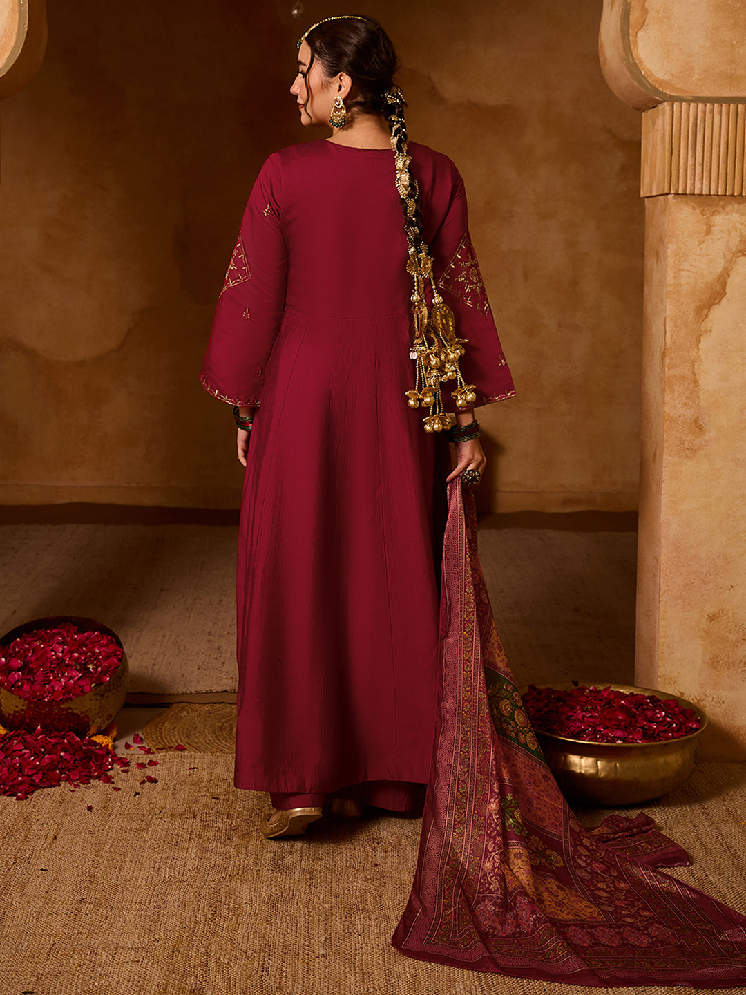 Maroon Silk Angrakha Flared Anarkali Kurta Set