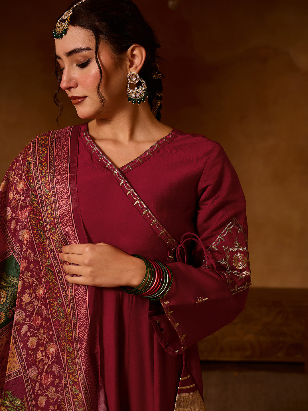 Maroon Silk Angrakha Flared Anarkali Kurta Set