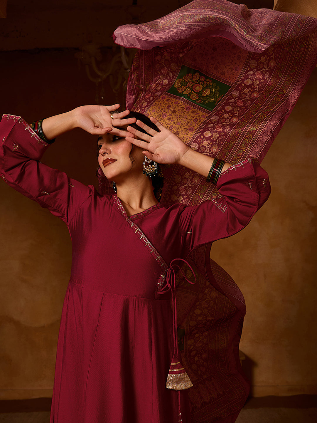 Maroon Silk Angrakha Flared Anarkali Kurta Set