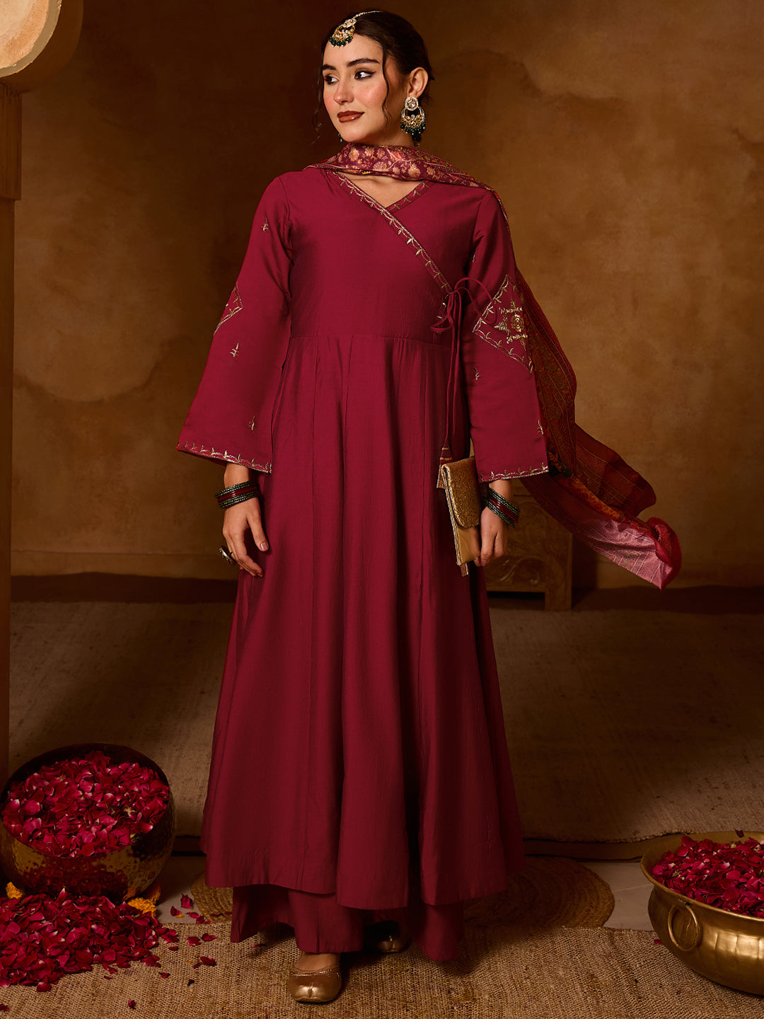 Maroon Silk Angrakha Flared Anarkali Kurta Set