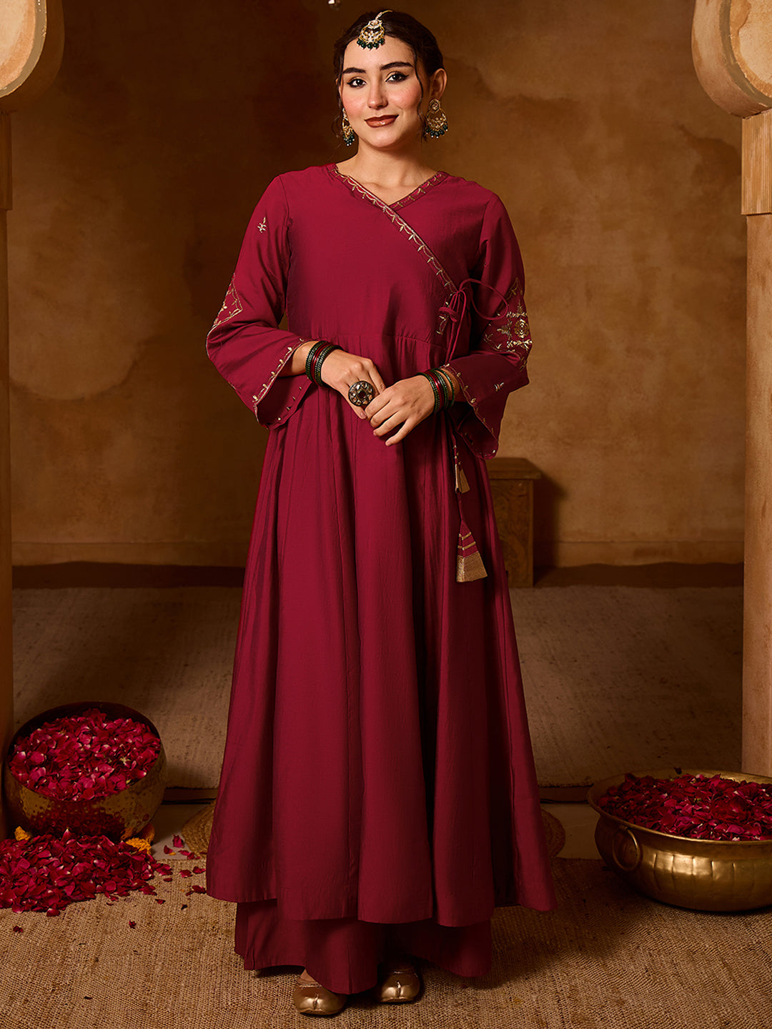 Maroon Silk Angrakha Flared Anarkali Kurta Set