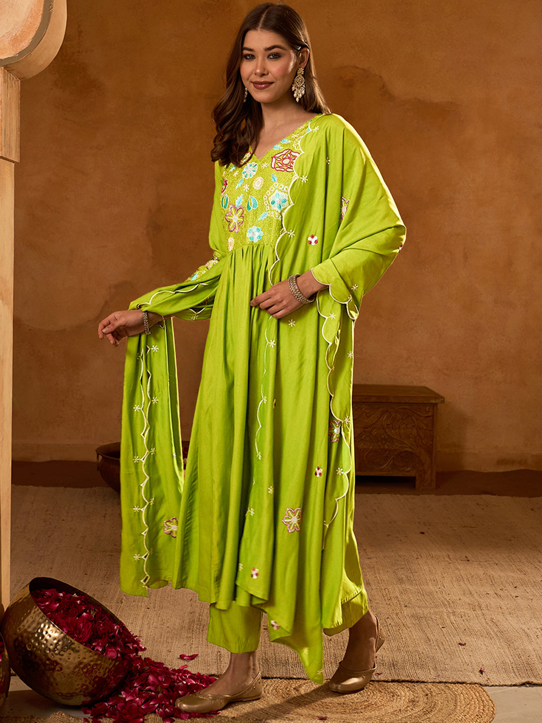Liril Lime Green Embroidered Anarkali Kurta Set