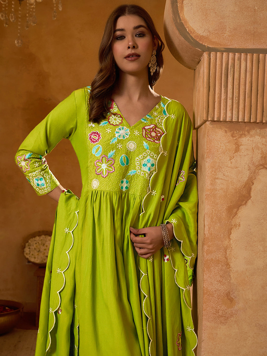 Liril Lime Green Embroidered Anarkali Kurta Set