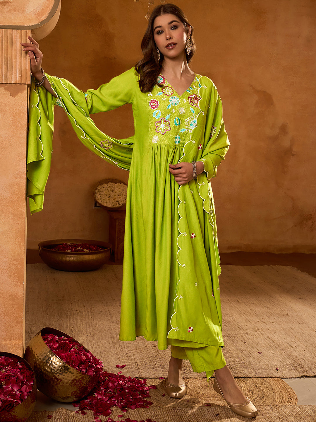 Liril Lime Green Embroidered Anarkali Kurta Set