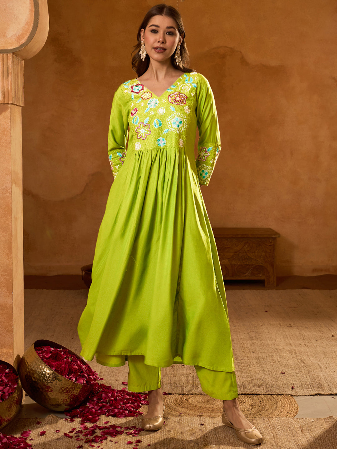 Liril Lime Green Embroidered Anarkali Kurta Set