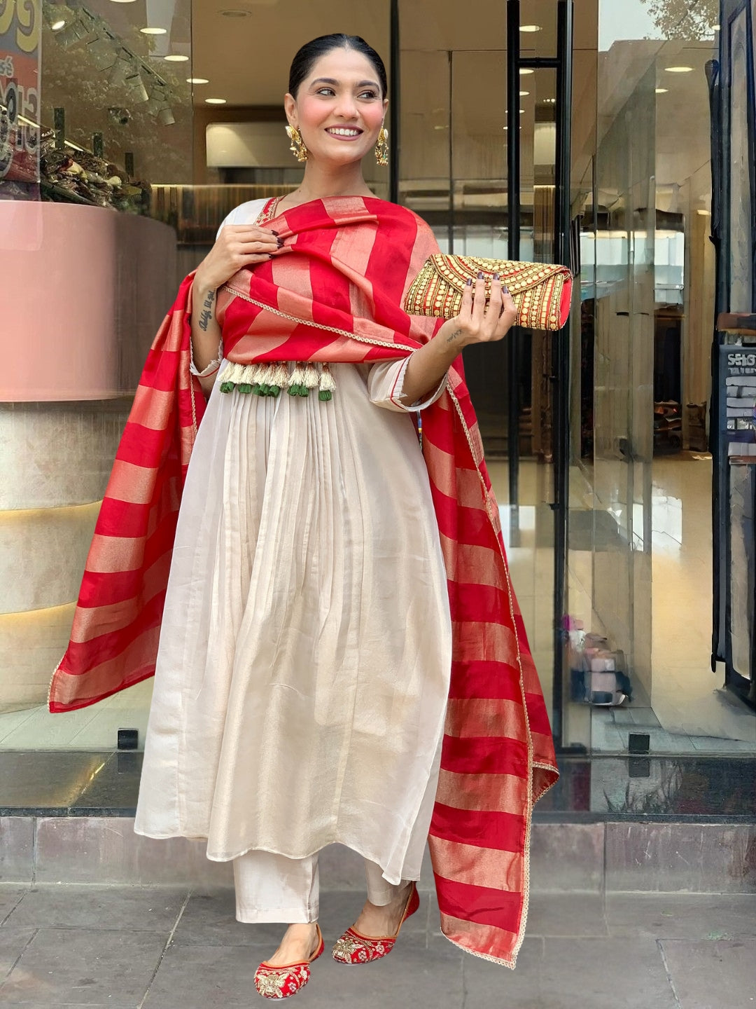 Cream Red Silk Flared Anarkali Kurta Set