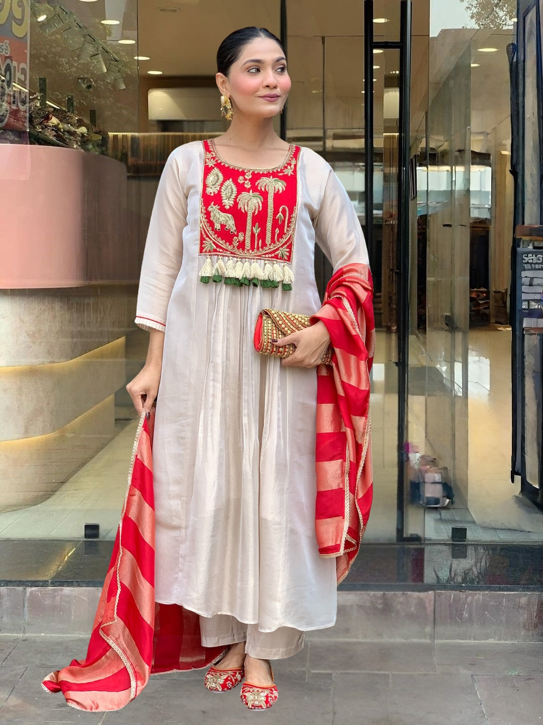 Cream Red Silk Flared Anarkali Kurta Set