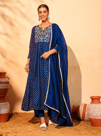 Blue Foil Printed Flared Anarkali Kurta Set