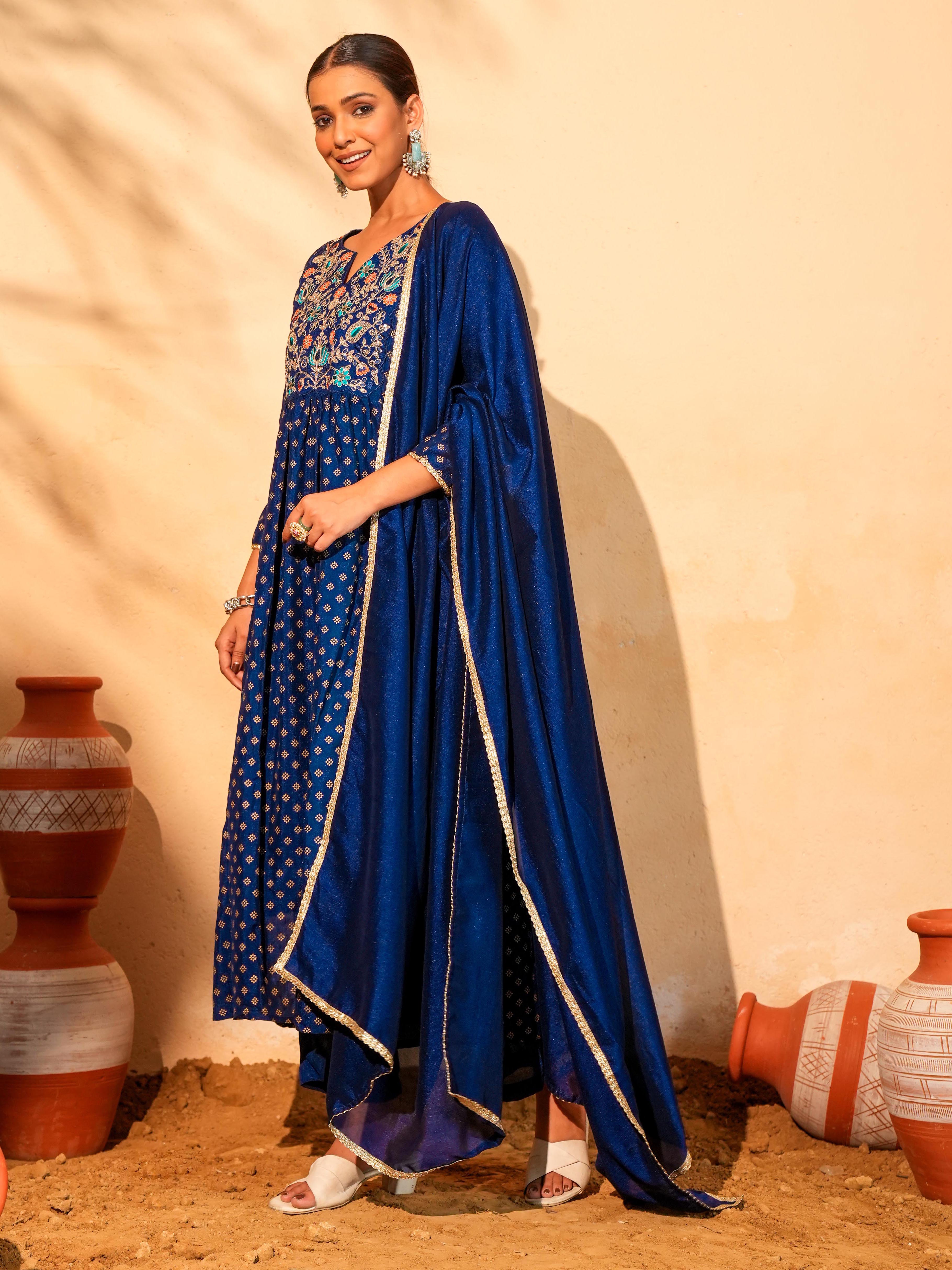 Blue Foil Printed Flared Anarkali Kurta Set