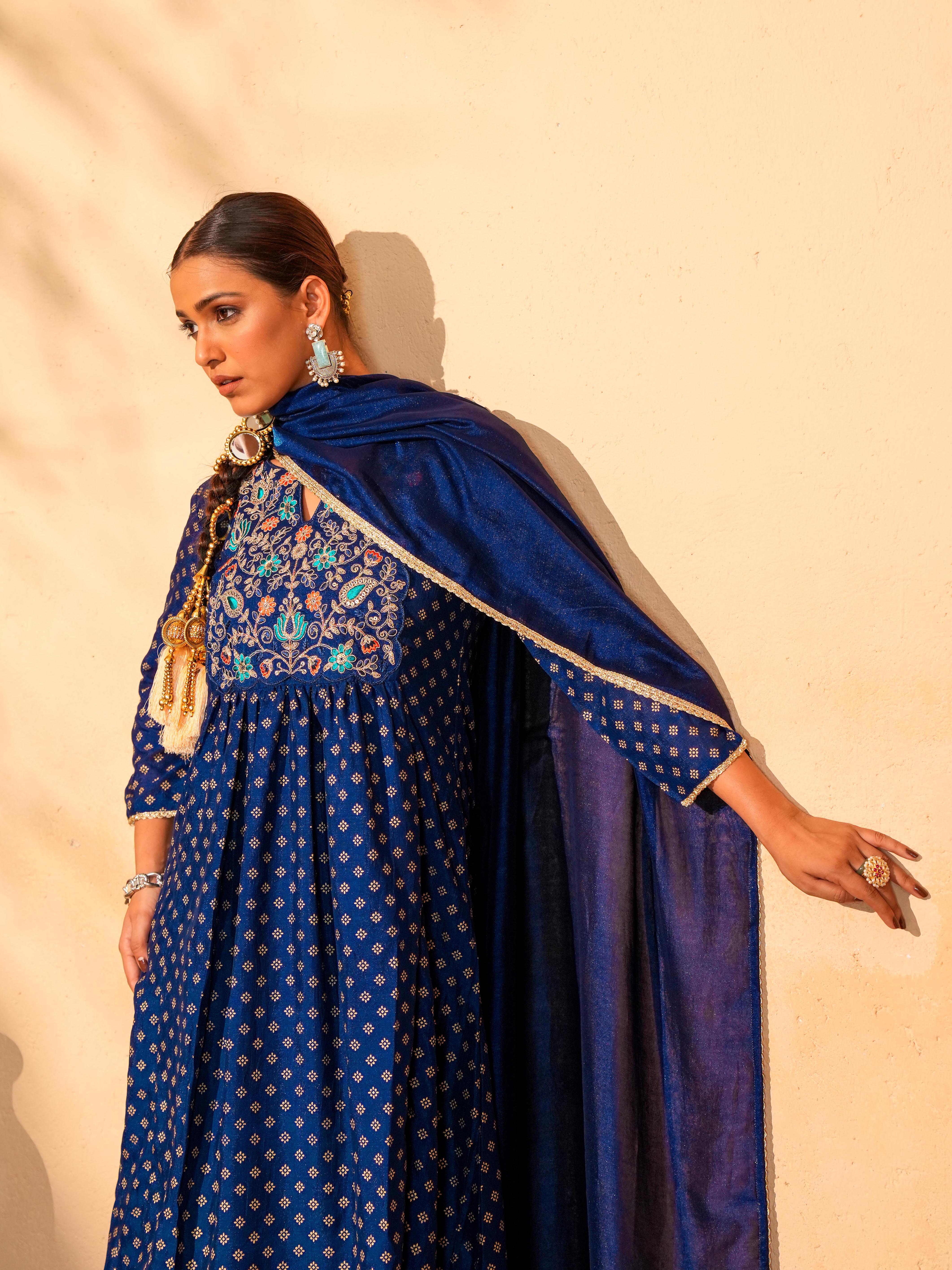 Blue Foil Printed Flared Anarkali Kurta Set