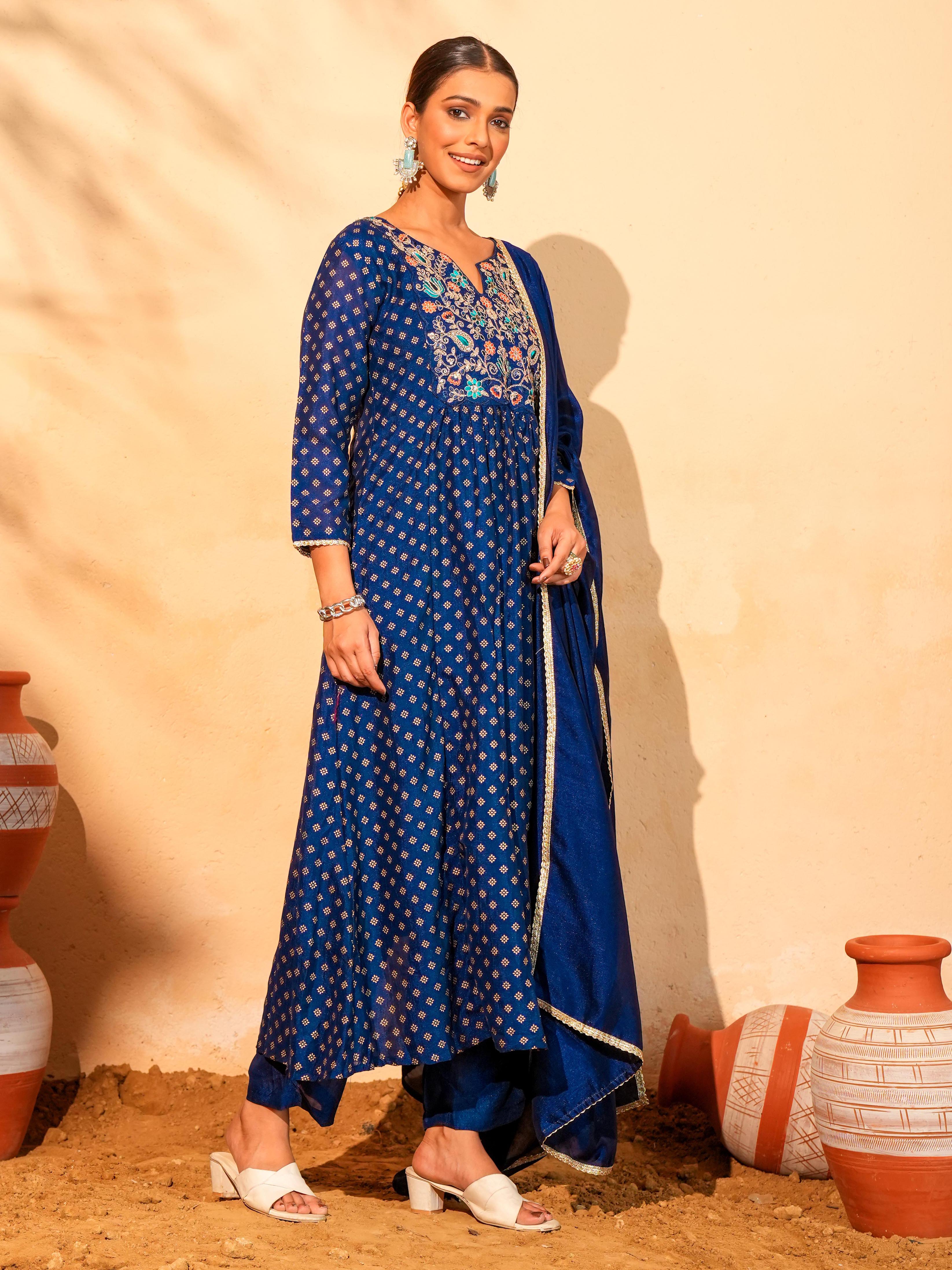 Blue Foil Printed Flared Anarkali Kurta Set