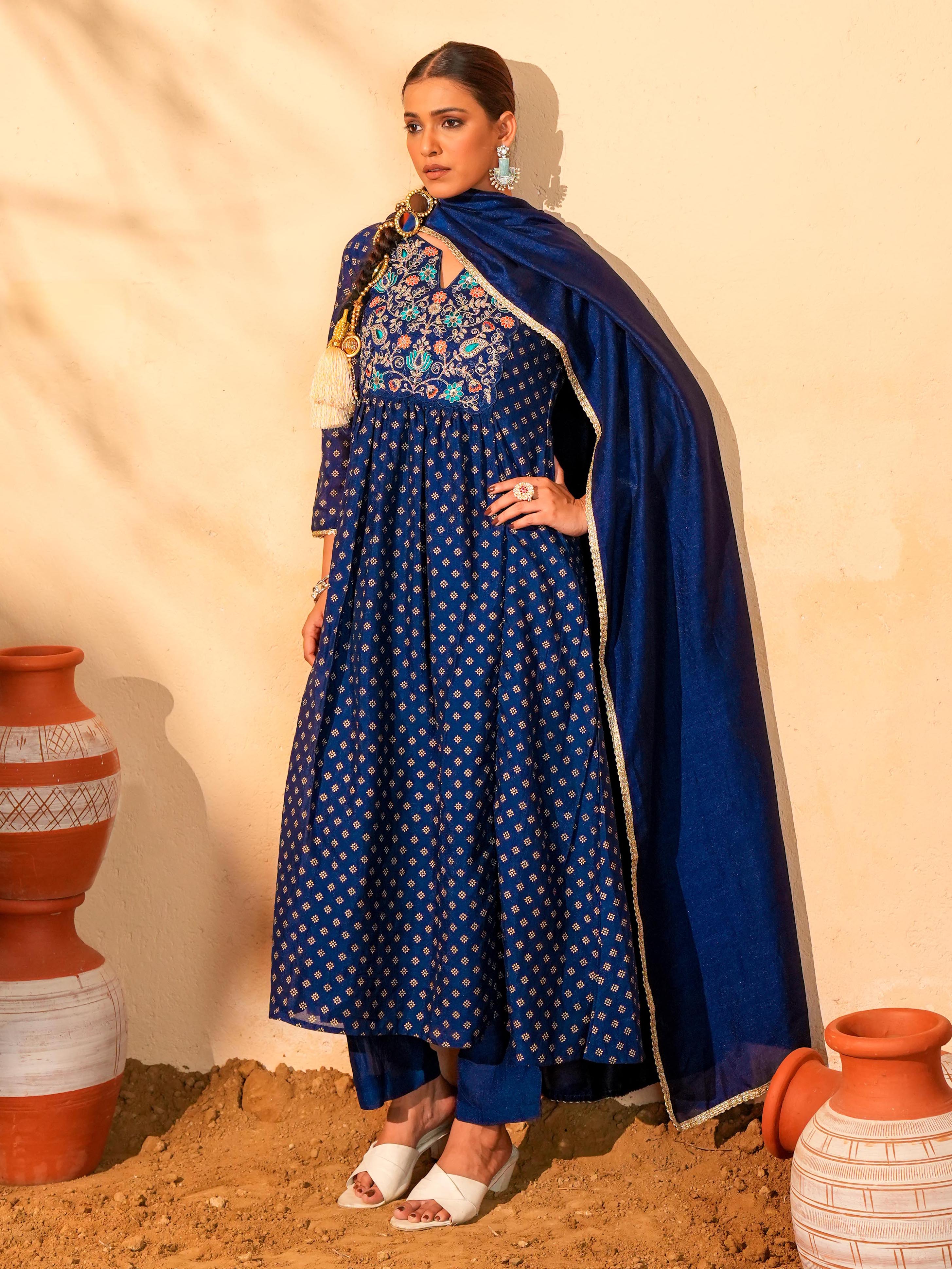 Blue Foil Printed Flared Anarkali Kurta Set