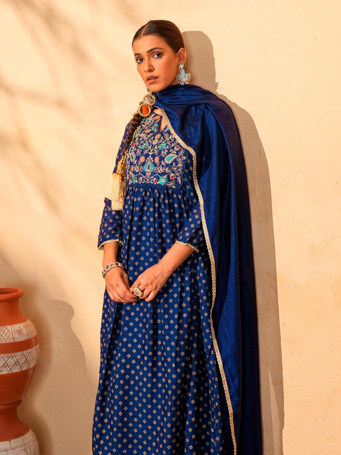 Blue Foil Printed Flared Anarkali Kurta Set