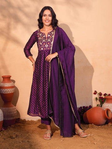 Wine Printed Flared Anarkali Kurta Set