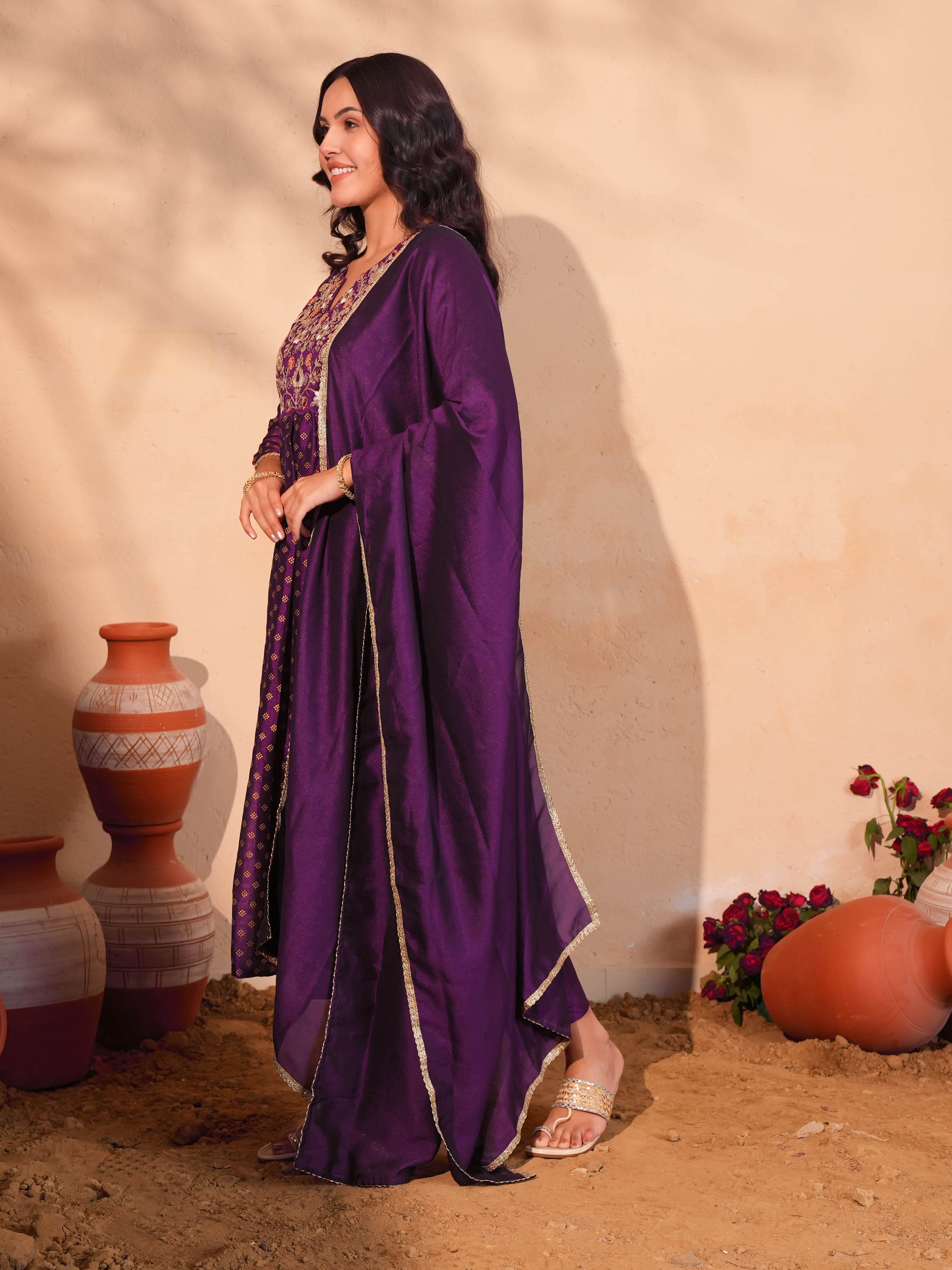 Wine Printed Flared Anarkali Kurta Set