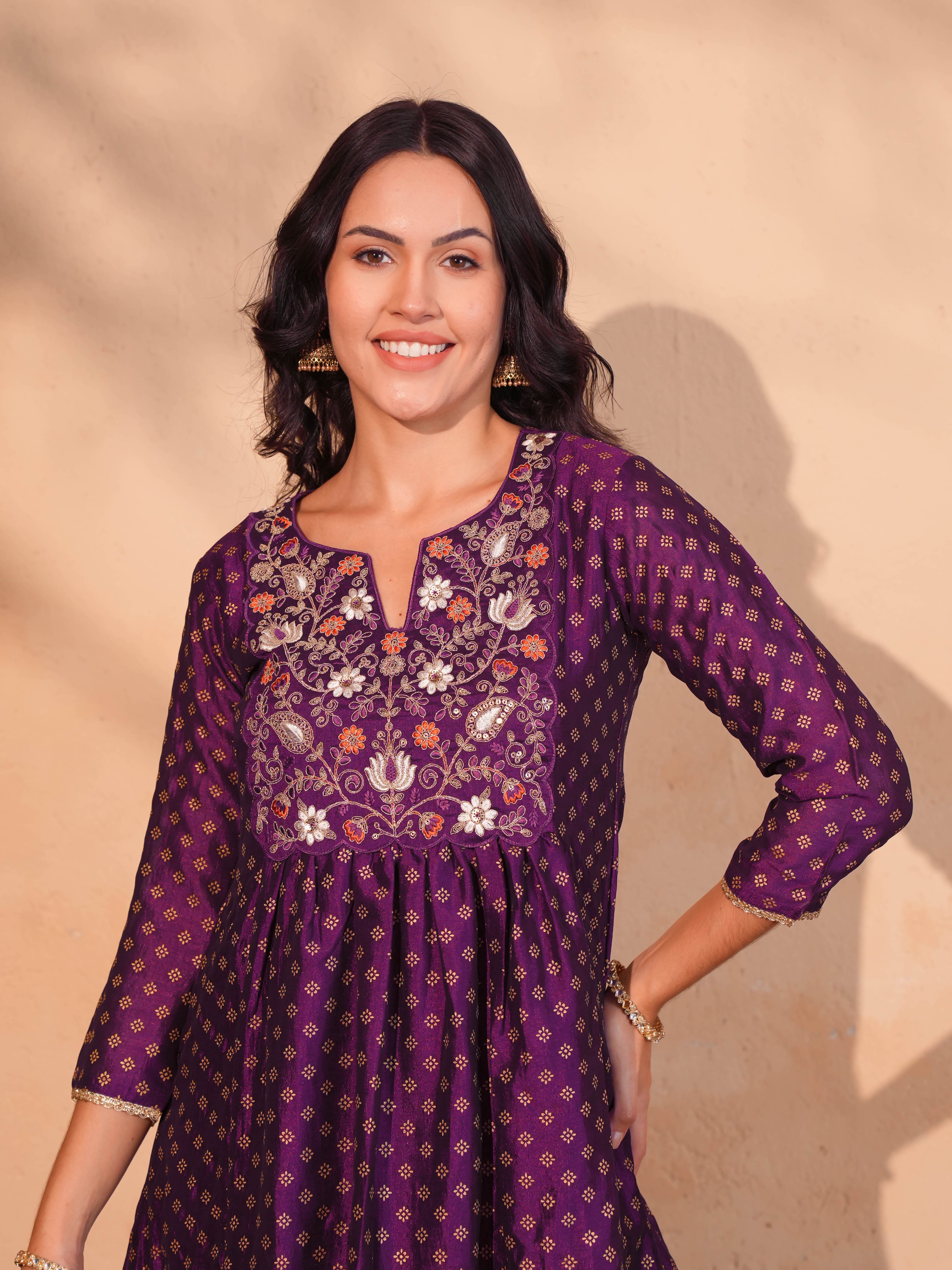Wine Printed Flared Anarkali Kurta Set