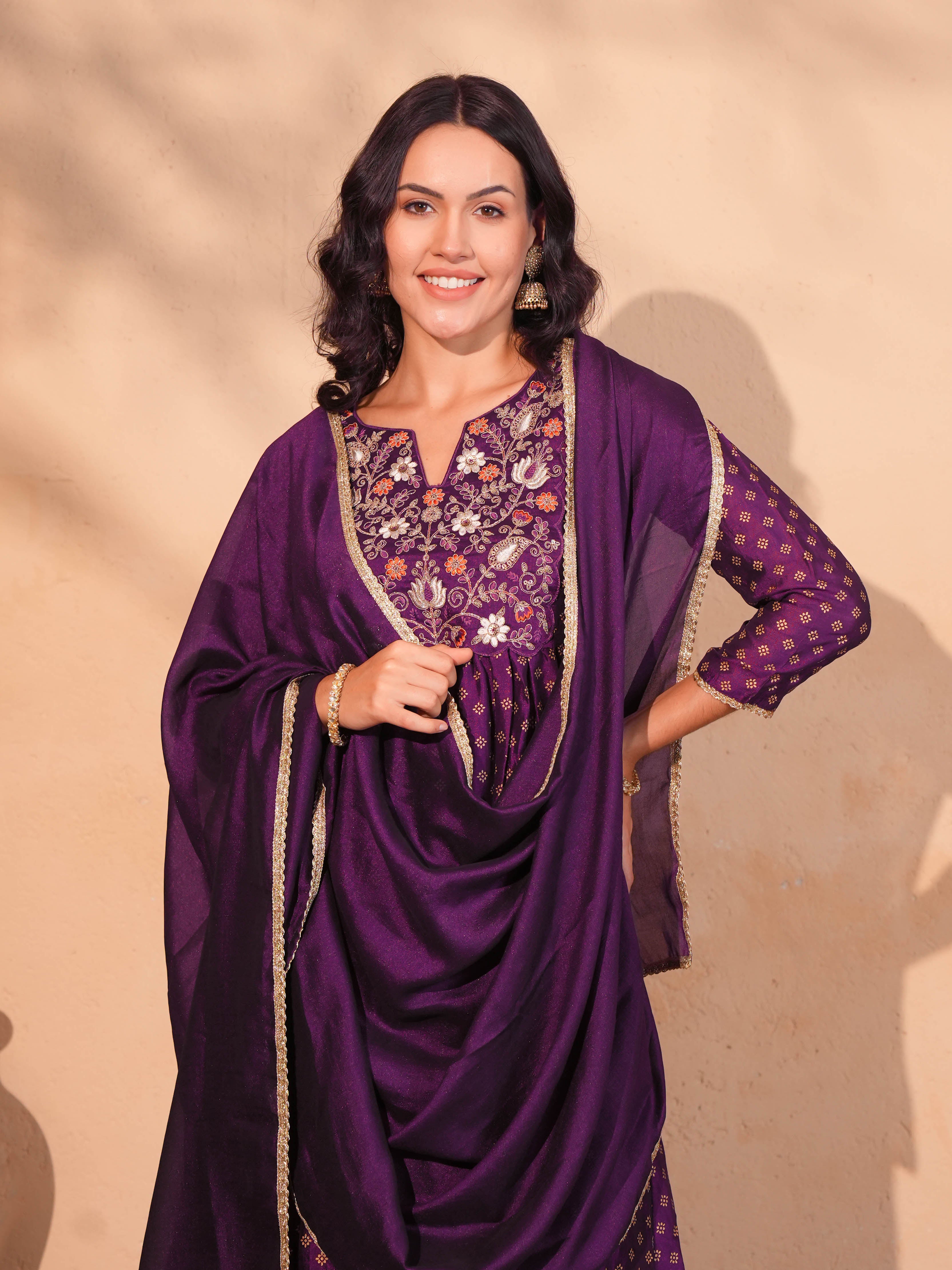 Wine Printed Flared Anarkali Kurta Set