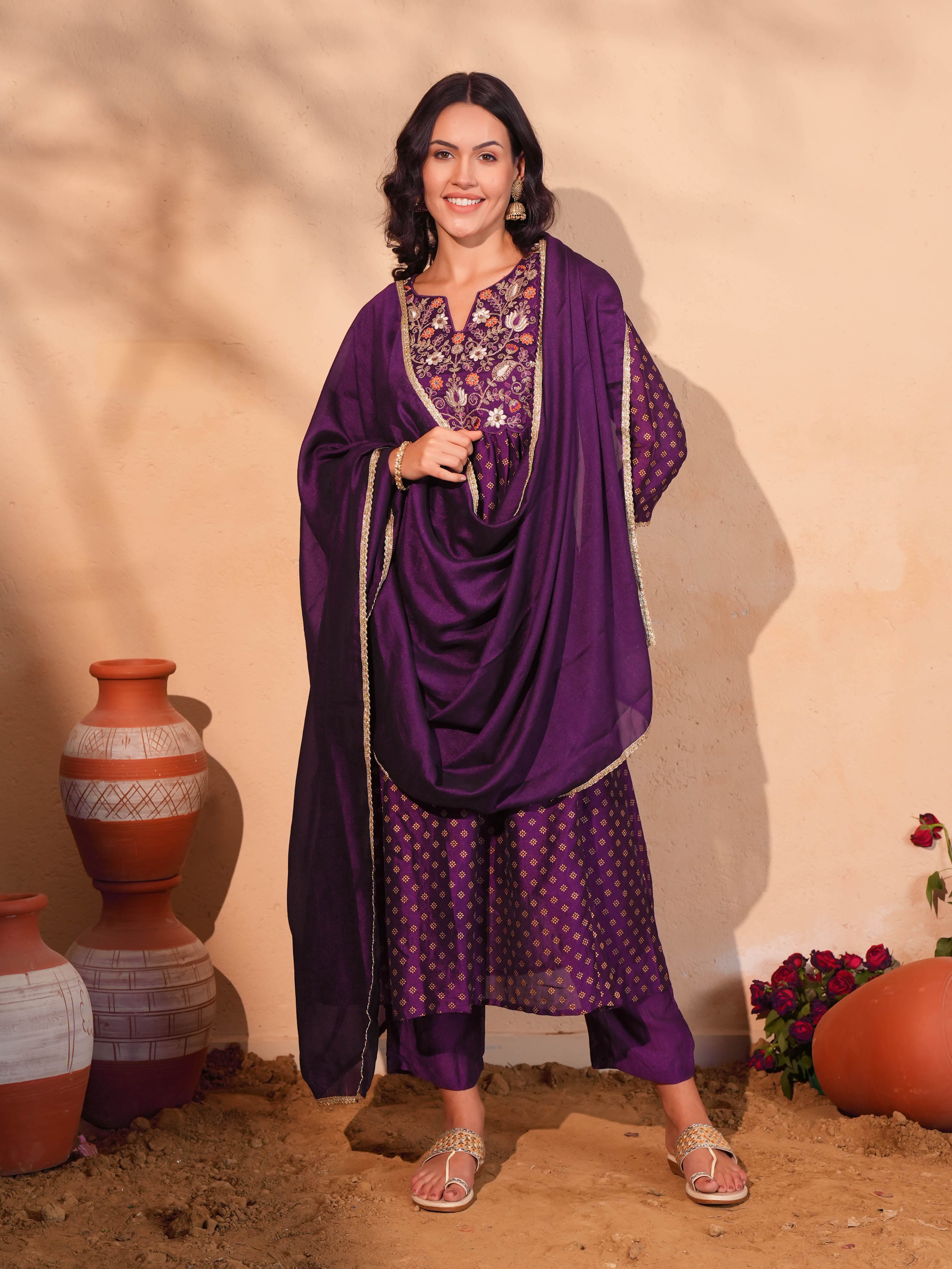Wine Printed Flared Anarkali Kurta Set