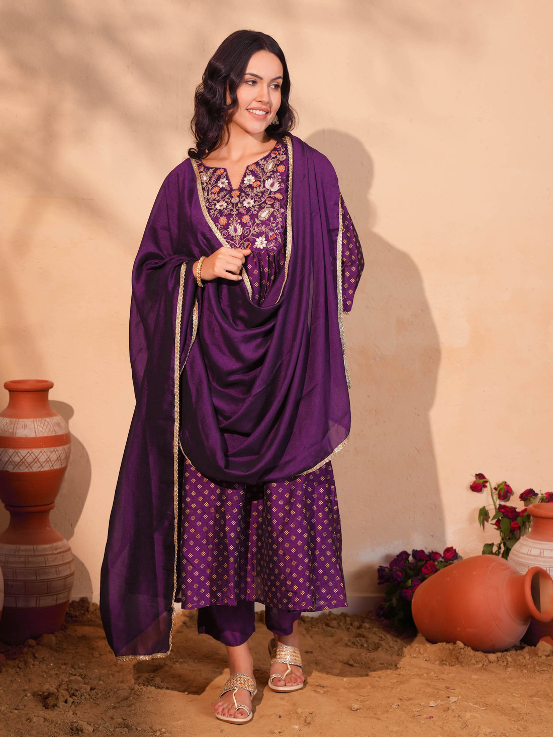Wine Printed Flared Anarkali Kurta Set