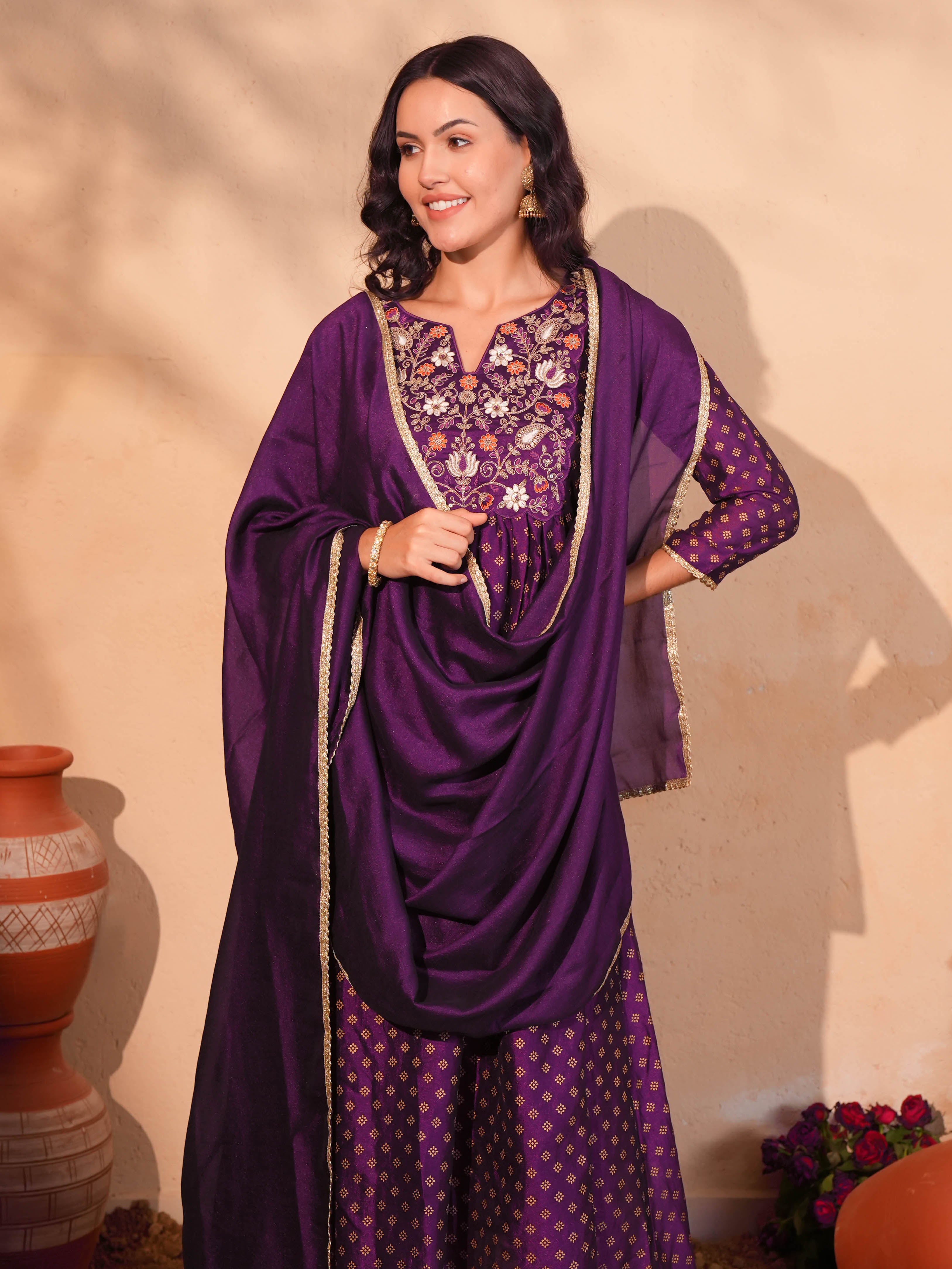 Wine Printed Flared Anarkali Kurta Set